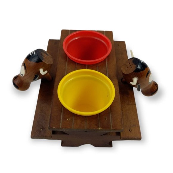 Wooden Picnic Bench Bull Salt and Pepper Condiment Stand Vintage 5 Piece Set - Picture 2 of 7